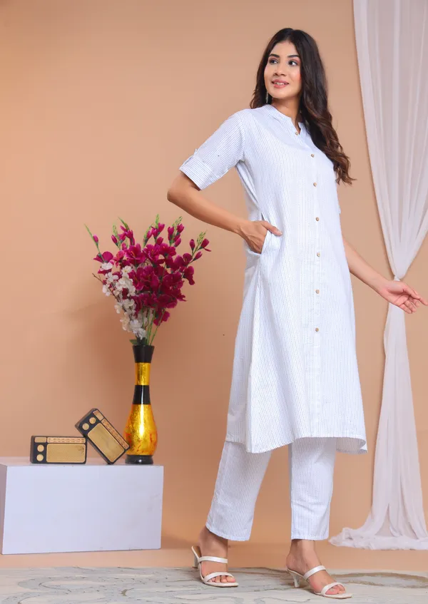 White_Khadi_Cotton_Ethnic_Kurta_And_Pant_Set_For_Women