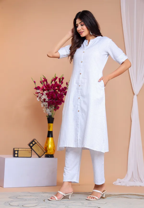 White_Khadi_Cotton_Ethnic_Kurta_And_Pant_Set_For_Women