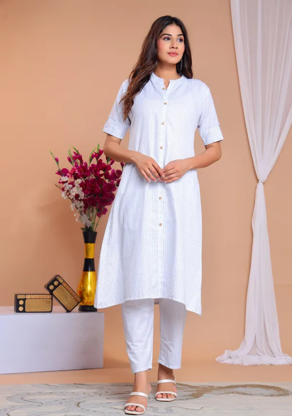 White_Khadi_Cotton_Ethnic_Kurta_And_Pant_Set_For_Women