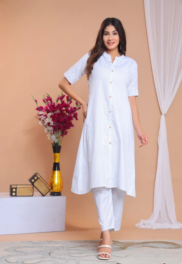 White_Khadi_Cotton_Ethnic_Kurta_And_Pant_Set_For_Women