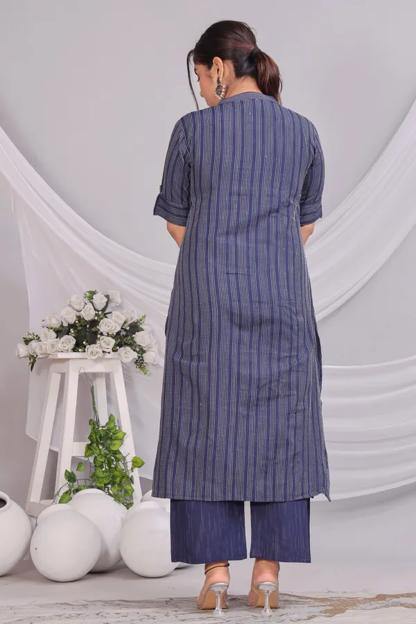 Blue_Khadi_Cotton_Kurta_And_Pant_Set_With_Dupatta