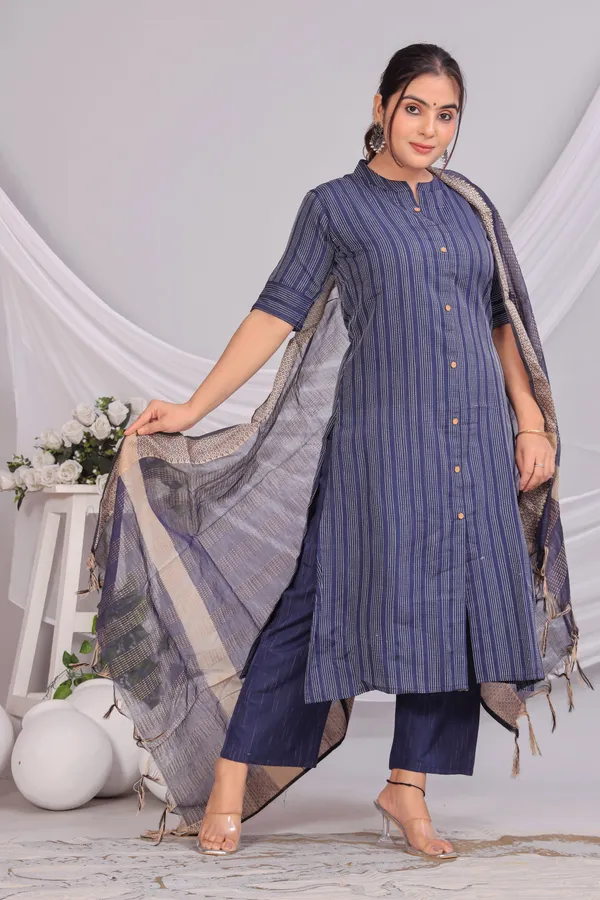 Blue_Khadi_Cotton_Kurta_And_Pant_Set_With_Dupatta