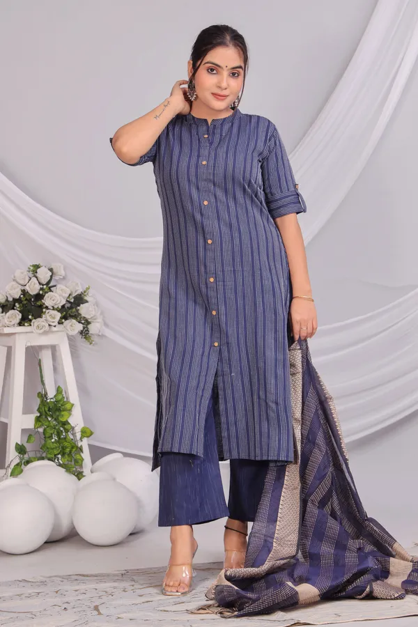 Blue_Khadi_Cotton_Kurta_And_Pant_Set_With_Dupatta