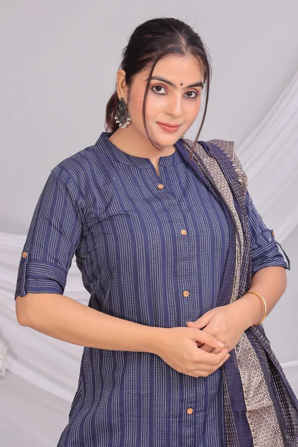 Blue_Khadi_Cotton_Kurta_And_Pant_Set_With_Dupatta