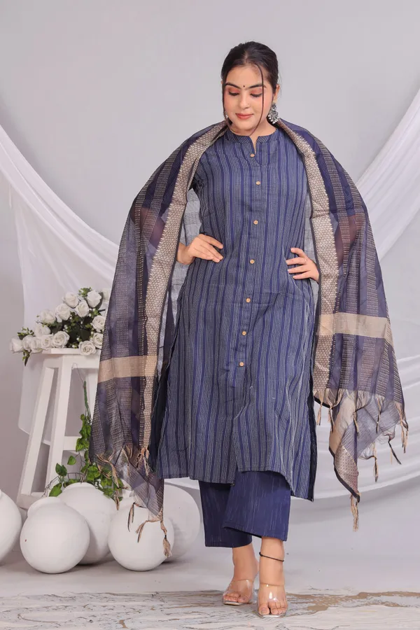 Blue_Khadi_Cotton_Kurta_And_Pant_Set_With_Dupatta