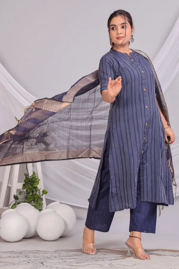 Blue_Khadi_Cotton_Kurta_And_Pant_Set_With_Dupatta
