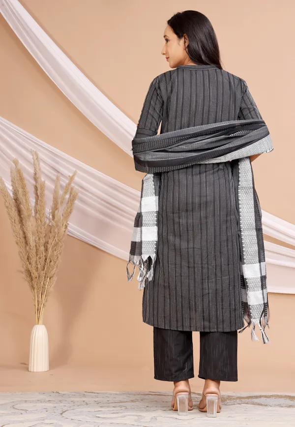 Black_Khadi_Cotton_Kurta_And_Pant_Set_With_Dupatta_For_Women