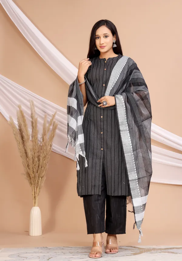 Black_Khadi_Cotton_Kurta_And_Pant_Set_With_Dupatta_For_Women