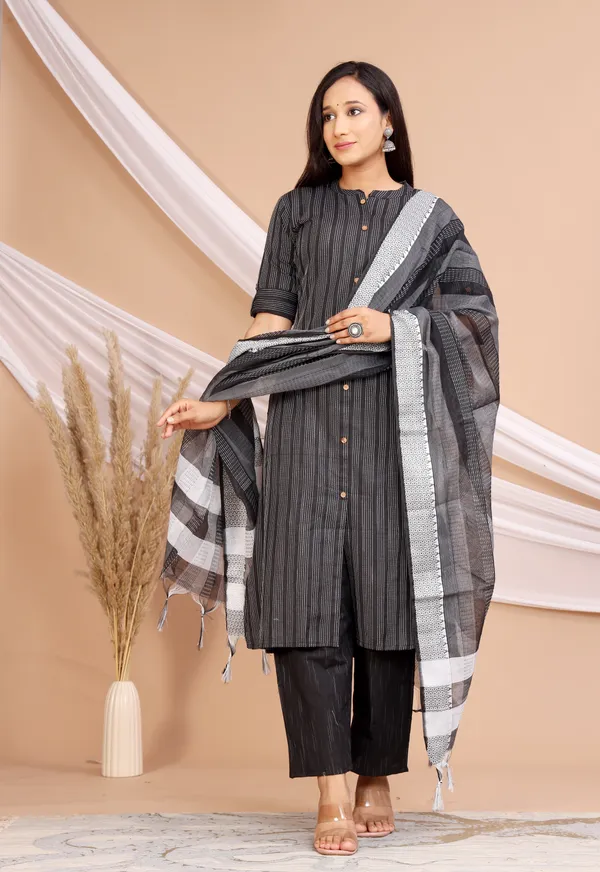 Black_Khadi_Cotton_Kurta_And_Pant_Set_With_Dupatta_For_Women