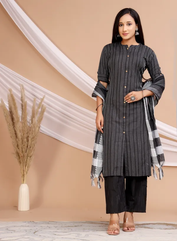 Black_Khadi_Cotton_Kurta_And_Pant_Set_With_Dupatta_For_Women
