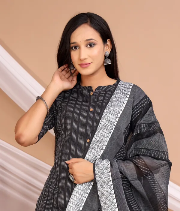 Black_Khadi_Cotton_Kurta_And_Pant_Set_With_Dupatta_For_Women