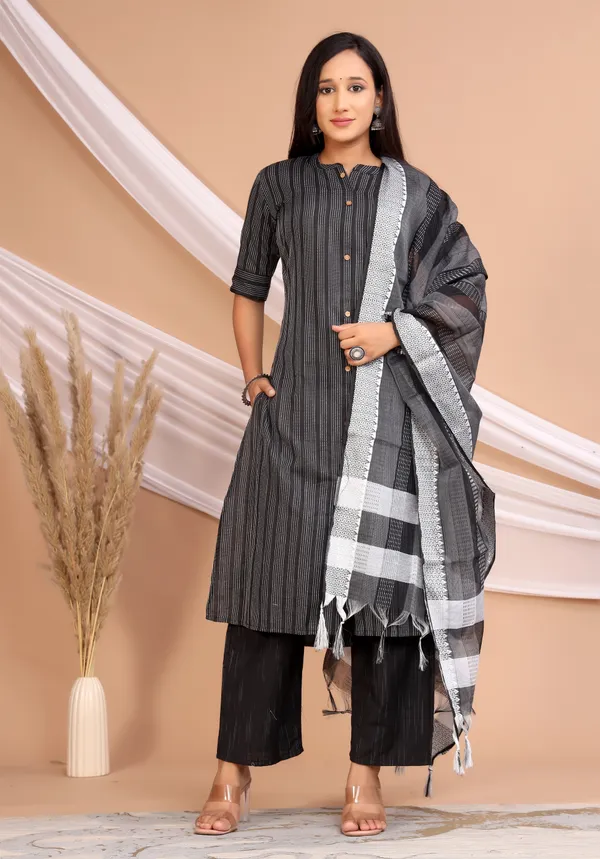 Black_Khadi_Cotton_Kurta_And_Pant_Set_With_Dupatta_For_Women