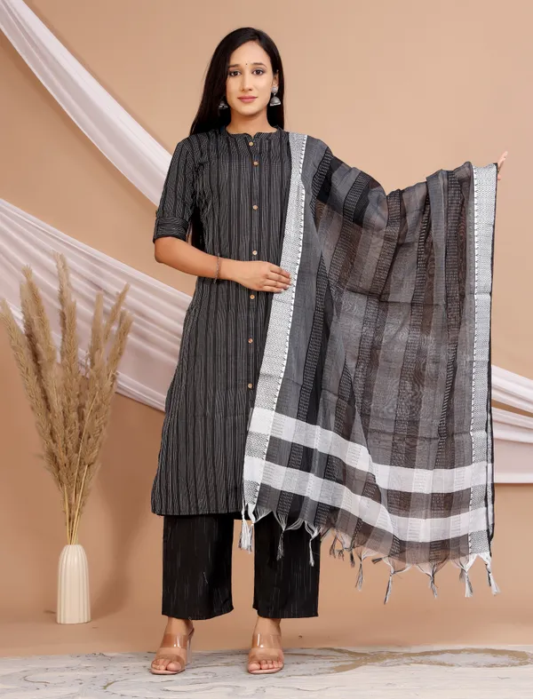 Black_Khadi_Cotton_Kurta_And_Pant_Set_With_Dupatta_For_Women