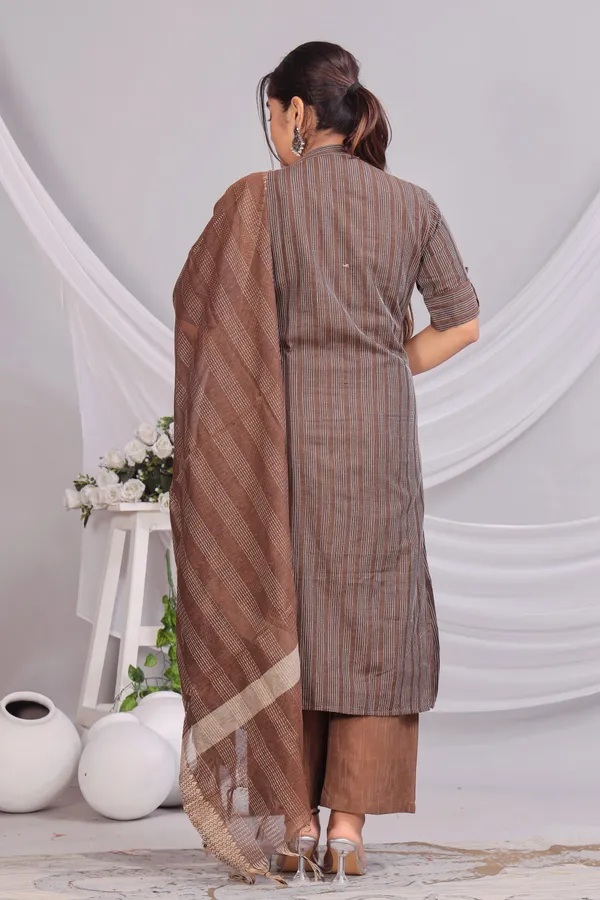 Brown_Khadi_Cotton_Kurta_And_Pant_Set_With_Dupatta_|_Push_Premium_For_Women