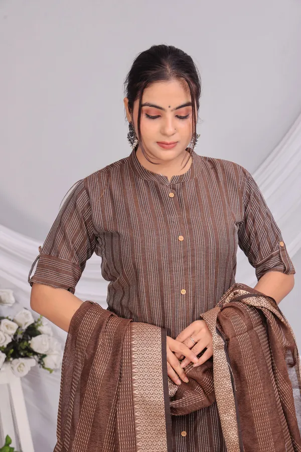 Brown_Khadi_Cotton_Kurta_And_Pant_Set_With_Dupatta_|_Push_Premium_For_Women