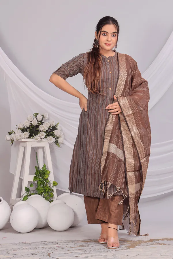 Brown_Khadi_Cotton_Kurta_And_Pant_Set_With_Dupatta_|_Push_Premium_For_Women
