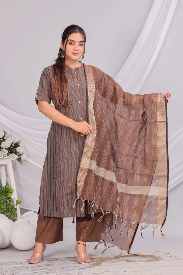 Brown_Khadi_Cotton_Kurta_And_Pant_Set_With_Dupatta_|_Push_Premium_For_Women