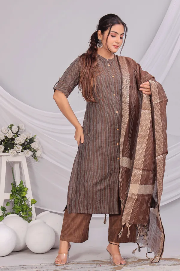 Brown_Khadi_Cotton_Kurta_And_Pant_Set_With_Dupatta_|_Push_Premium_For_Women
