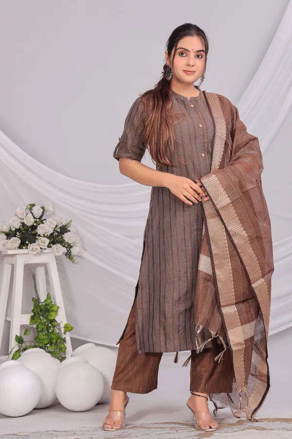 Brown_Khadi_Cotton_Kurta_And_Pant_Set_With_Dupatta_|_Push_Premium_For_Women