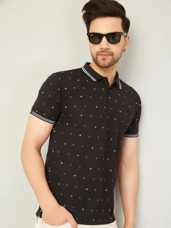 Printed_Men_Polo_Neck_Black_T-Shirt