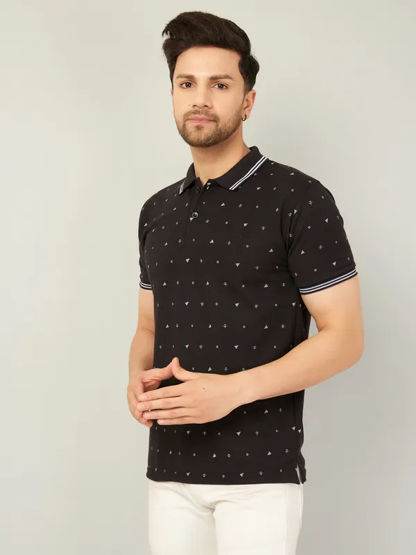 Printed_Men_Polo_Neck_Black_T-Shirt