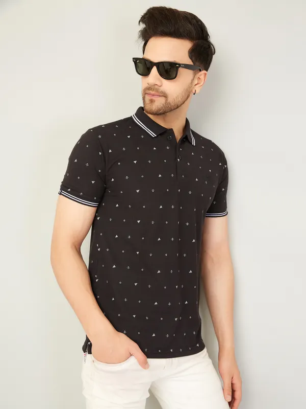 Printed_Men_Polo_Neck_Black_T-Shirt