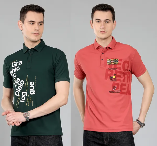 METRONAUT_Self_Design_Men_Polo_Neck_Green,_Red_T-Shirt