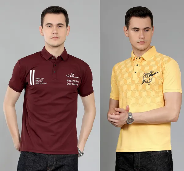 METRONAUT_Self_Design_Men_Polo_Neck_Maroon,_Yellow_T-Shirt
