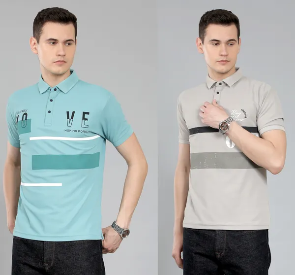 METRONAUT_Self_Design_Men_Polo_Neck_Green,_Grey_T-Shirt