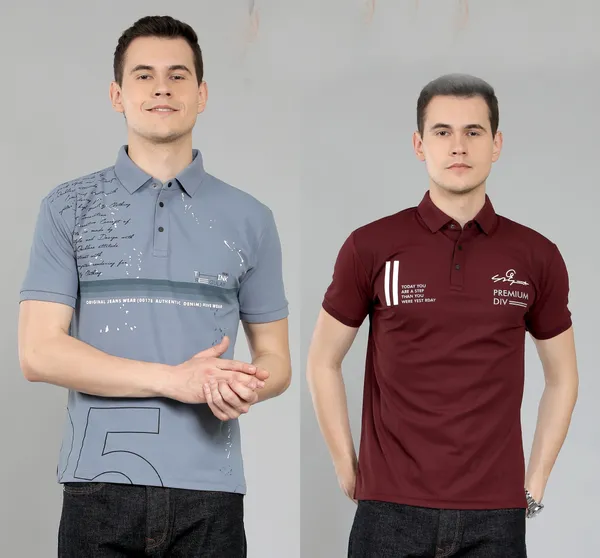 METRONAUT_Self_Design_Men_Polo_Neck_Grey,_Maroon_T-Shirt