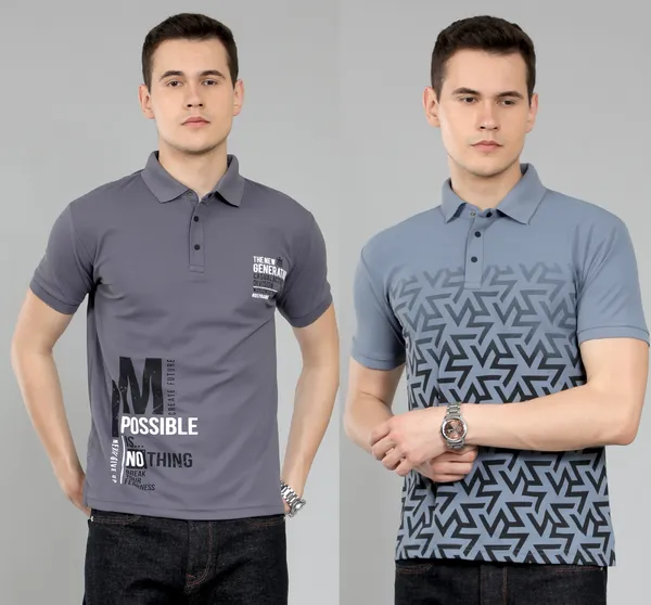 METRONAUT_Self_Design_Men_Polo_Neck_Grey_T-Shirt