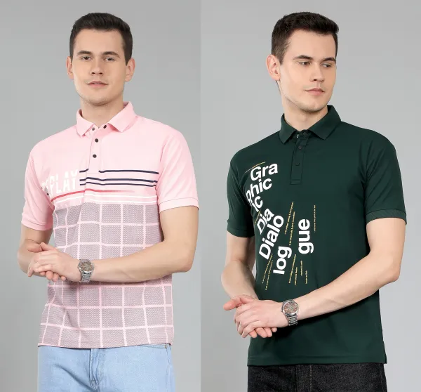 METRONAUT_Self_Design_Men_Polo_Neck_Pink,_Green_T-Shirt