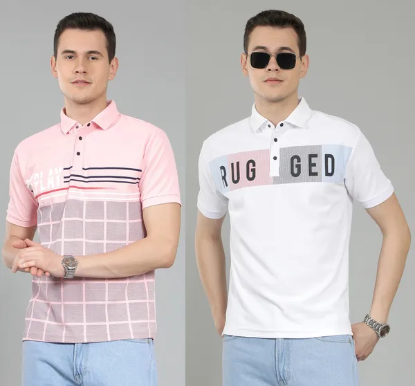 METRONAUT_Self_Design_Men_Polo_Neck_Pink,_White_T-Shirt
