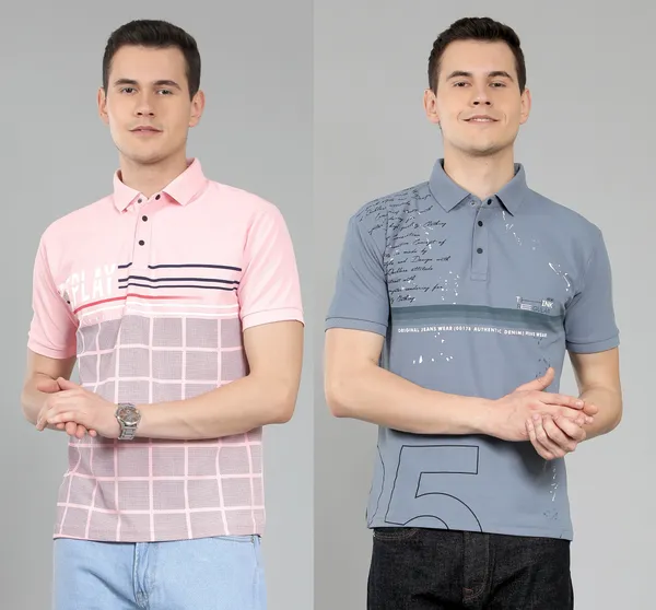 METRONAUT_Self_Design_Men_Polo_Neck_Pink,_Grey_T-Shirt