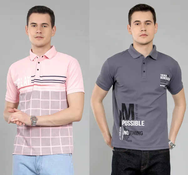 METRONAUT_Striped_Men_Polo_Neck_Pink,_Grey_T-Shirt