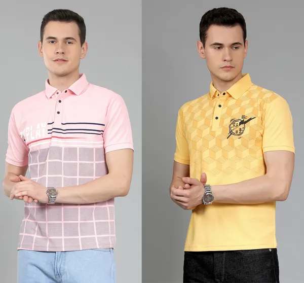 METRONAUT_Striped_Men_Polo_Neck_Pink,_Yellow_T-Shirt