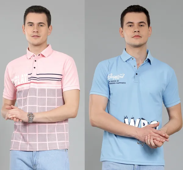 METRONAUT_Striped_Men_Polo_Neck_Pink,_Blue_T-Shirt
