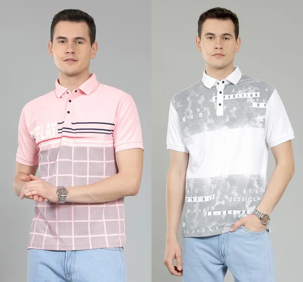 METRONAUT_Striped_Men_Polo_Neck_Pink,_White_T-Shirt