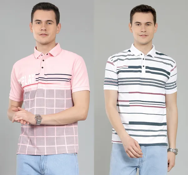 METRONAUT_Striped_Men_Polo_Neck_Pink,_White_T-Shirt