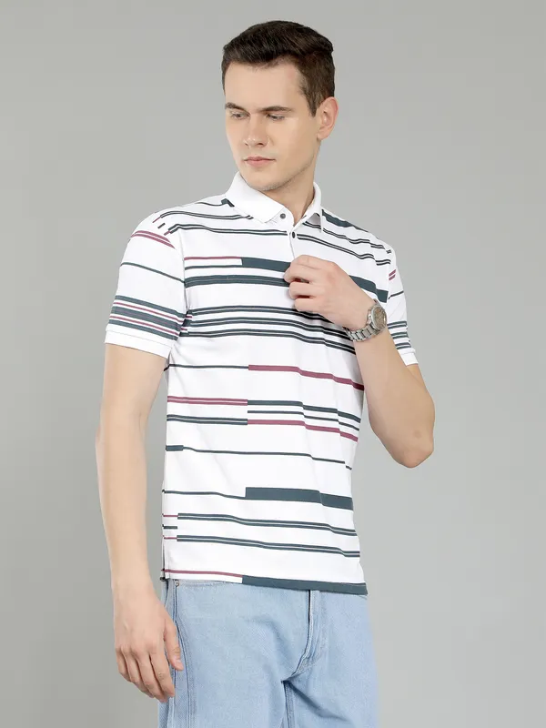 METRONAUT_Striped_Men_Polo_Neck_Pink,_White_T-Shirt