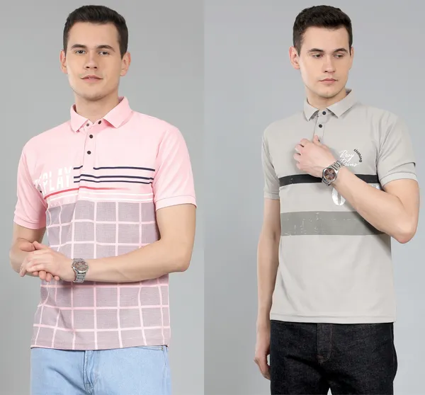 METRONAUT_Striped_Men_Polo_Neck_Pink,_Grey_T-Shirt