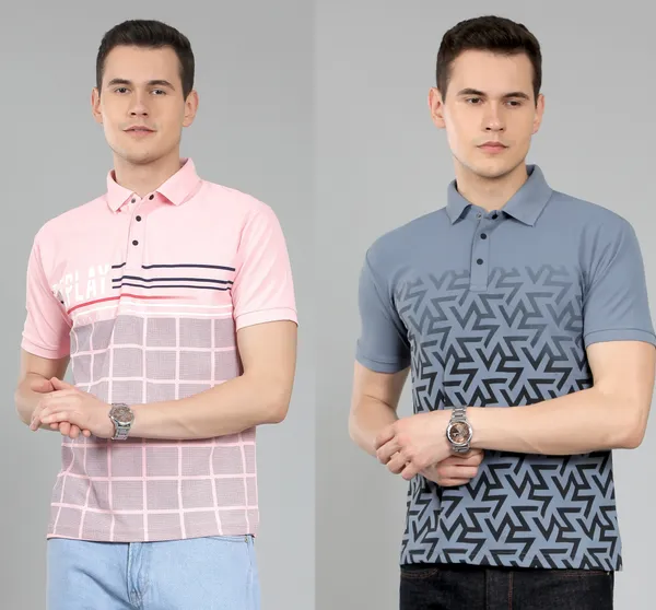 METRONAUT_Striped_Men_Polo_Neck_Pink,_Grey_T-Shirt
