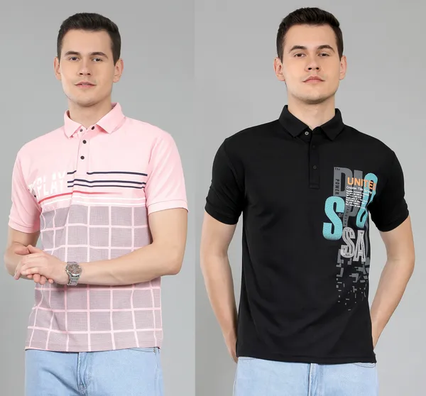 METRONAUT_Striped_Men_Polo_Neck_Pink,_Black_T-Shirt