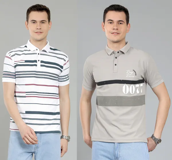 METRONAUT_Striped_Men_Polo_Neck_White,_Grey_T-Shirt