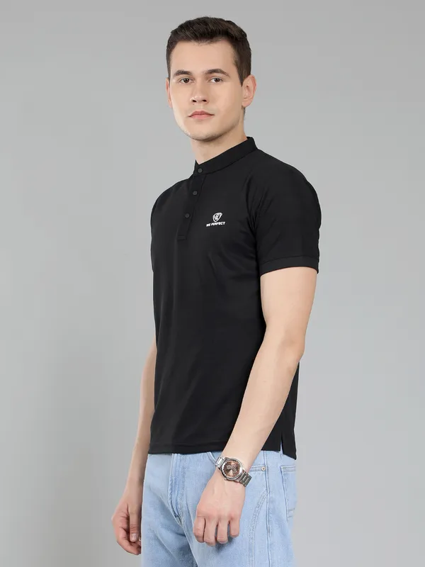 We_Perfect_Solid_Men_Polo_Neck_Black_T-Shirt