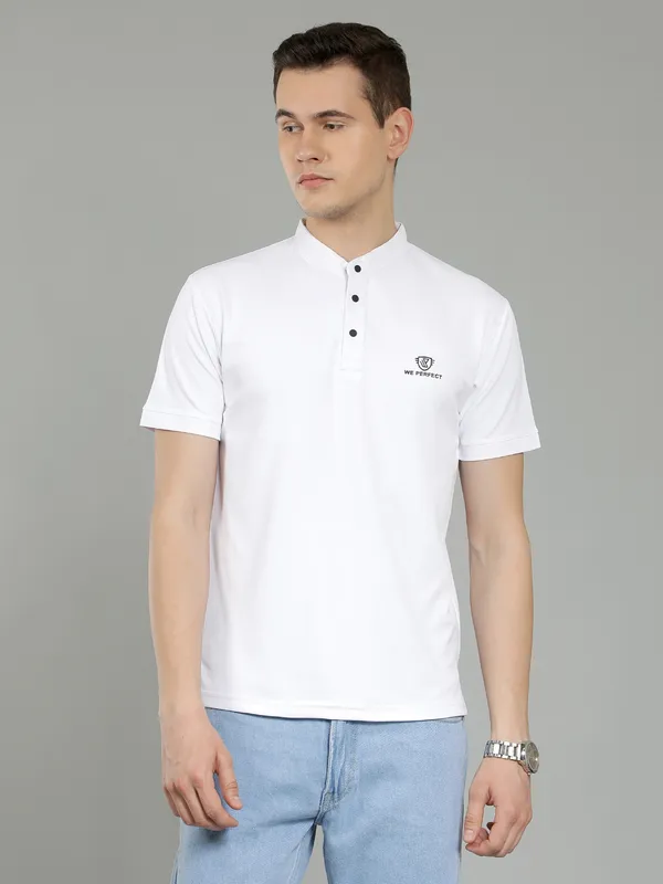 We_Perfect_Solid_Men_Polo_Neck_White_T-Shirt