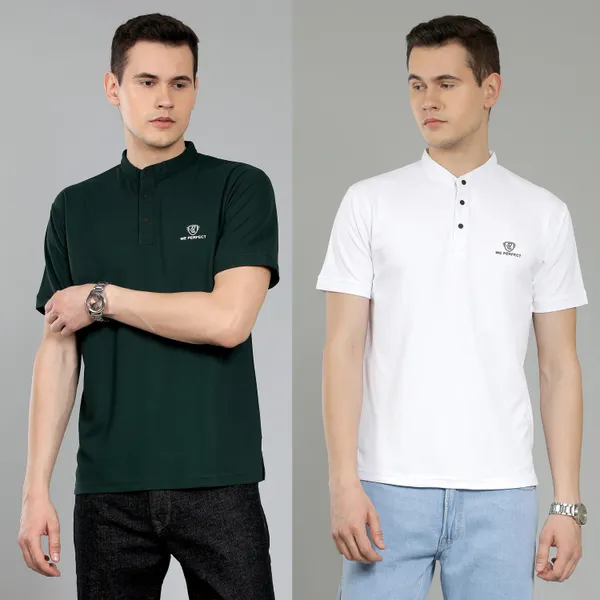 We_Perfect_Solid_Men_V_Neck_Green,_White_T-Shirt_-Pack_Of_2