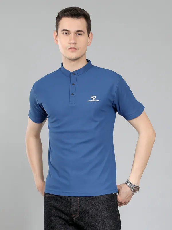 We_Perfect_Solid_Men_Polo_Neck_Blue_T-Shirt