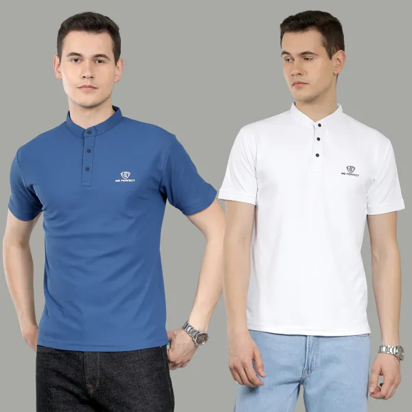 We_Perfect_Solid_Men_V_Neck_Blue,_White_T-Shirt_-Pack_Of_2