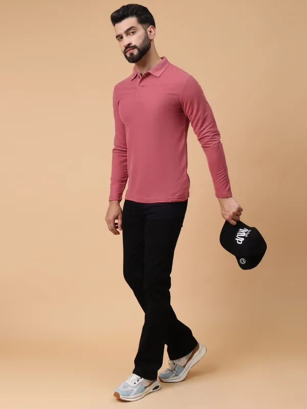 We_Perfect_Solid_Men_Polo_Neck_Pink_T-Shirt